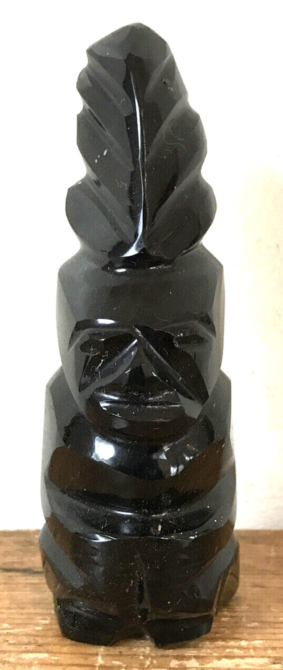 Black Onyx Obsidian Statue Aztec Mayan Stone Figure Hand Carved Folk Art 5โ